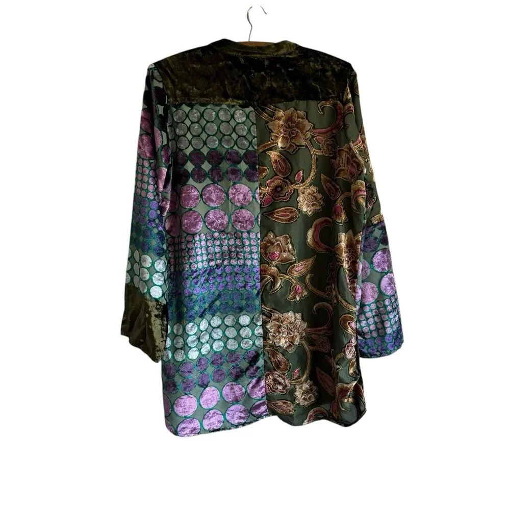 🩵All About Her Burned  Out Velvet  Tunic Patchwork Artsy Velvet Boho Size Large - Picture 3 of 11